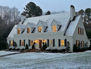 Snow-covered suburban home at twilight