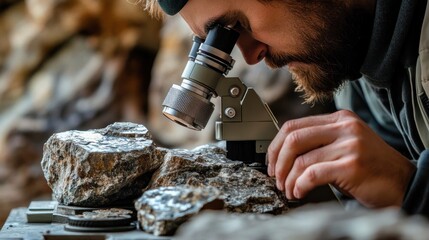 Focused geologist examines rocks under a microscope