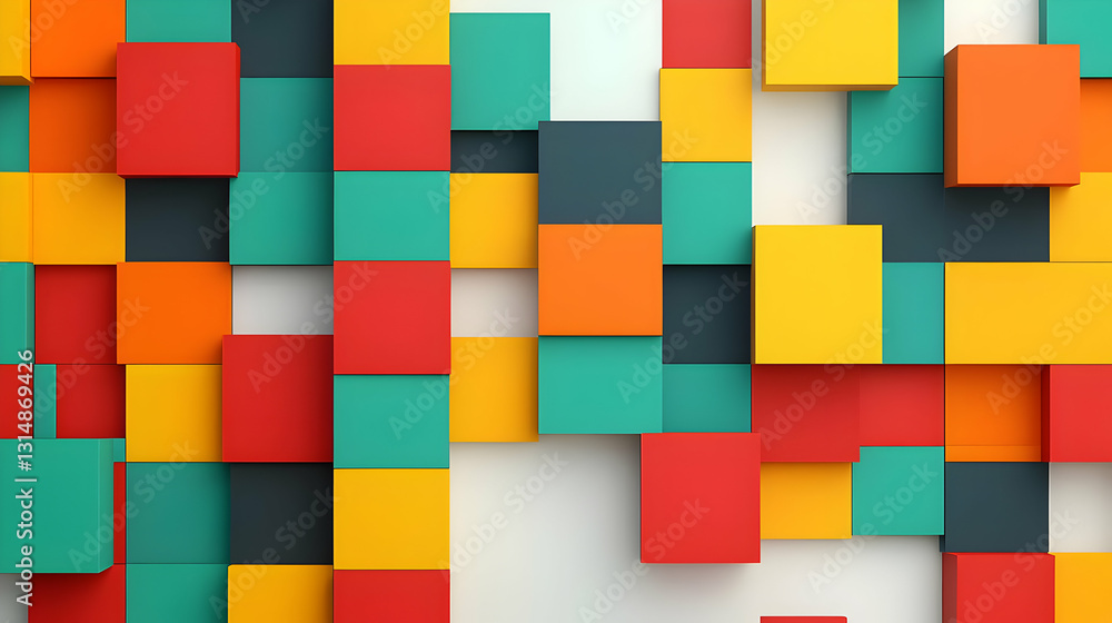Poster vivid 3d render of colorful interlocking cubes in red orange yellow green and teal on a white backgr