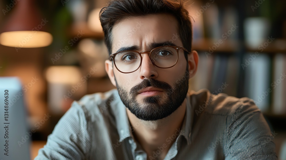 Aufkleber A CRM manager tracks client satisfaction metrics his focused face showing responsibility and care