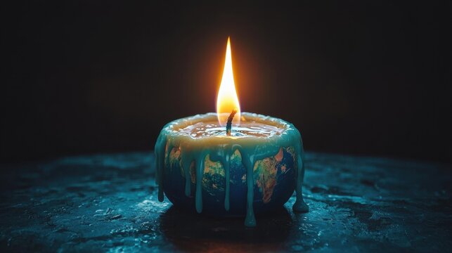 The planet as a melting candle, flames engulfing its edges while hot wax pools beneath.