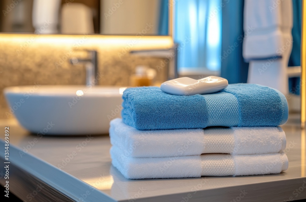 Poster soft and plush towels stacked neatly in a modern bathroom setting with a stylish sink and spa-like a