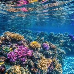 Obraz premium Vibrant Underwater Coral Reef Ecosystem with Colorful Corals and Crystal Clear Water in Tropical Sea