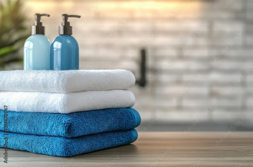Poster soft and plush towels stacked neatly with bath products in a relaxing spa environment and a warm lig