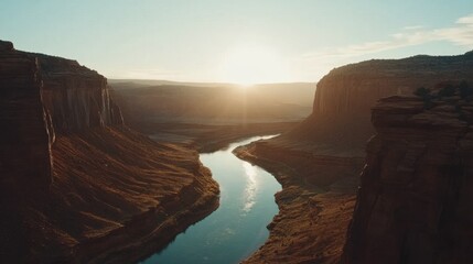 Sunset canyon with winding river