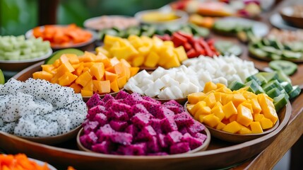 Fototapeta premium Colorful Tropical Thai Dessert Spread With Sweet Coconut-Based Treats