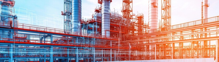 Obraz premium A modern industrial facility featuring towering structures, pipes, and a vibrant color scheme, exemplifying advanced engineering and technology.