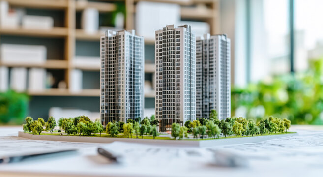 A detailed model of apartment buildings is showcased atop a table, surrounded by architectural plans and small trees, in a well-lit interior filled with modern design elements