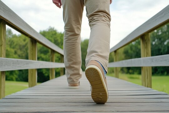 Person walks along wooden bridge in a park during daytime surrounded by lush greenery