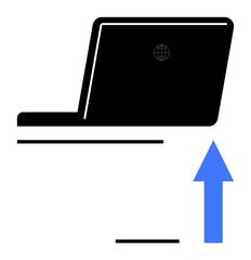 Laptop silhouette with web icon, blue upward arrow symbolizing progress, growth, technology, data transfer. Ideal for innovation, digital transformation, business, education communication goals
