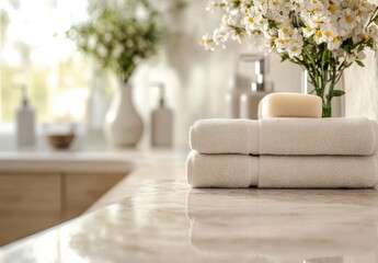Soft towels and soap on a marble countertop with delicate flowers in a soothing bathroom setting for relaxation and self-care moments