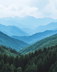 Obraz premium Serene mountain vista with layers of blue ridges and lush green forest creating a tranquil landscape