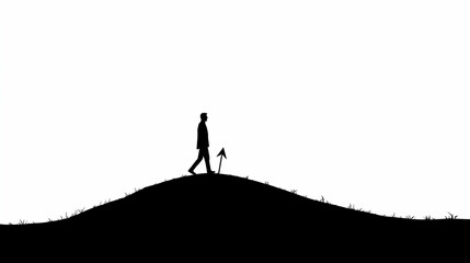 Silhouette of Man Walking with Direction Arrow on Hilltop at Twilight