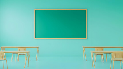 Bright Classroom with Green Chalkboard and Wooden Desks