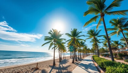 Serene Coastal Promenade with Lush Palm Trees and Ocean Breeze on Sunny Day