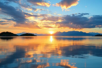 Naklejka premium Serene sunset over calm water reflecting golden light with distant mountains and cloudy sky landscape