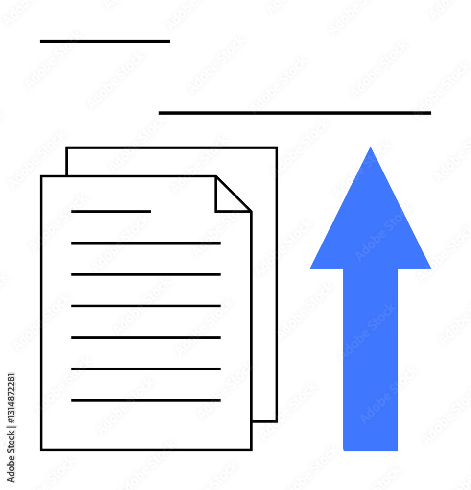Poster stacked document pages with upward arrow representing file upload, data transfer, and sharing. ideal
