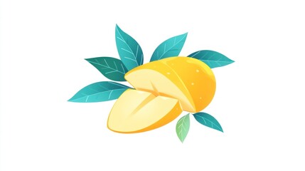 Fototapeta premium Sliced Yellow Fruit with Leaves, Digital Illustration, For Food Packaging