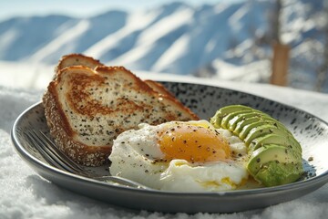Delicious Breakfast with Poached Egg, Sliced Avocado, and Toast on Snowy Mountain Background