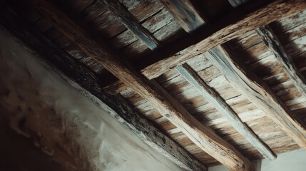 Obraz premium The ceiling features aged wooden beams and textured plaster, reflecting a rustic charm and historical significance in an old house. The atmosphere evokes memories of the past