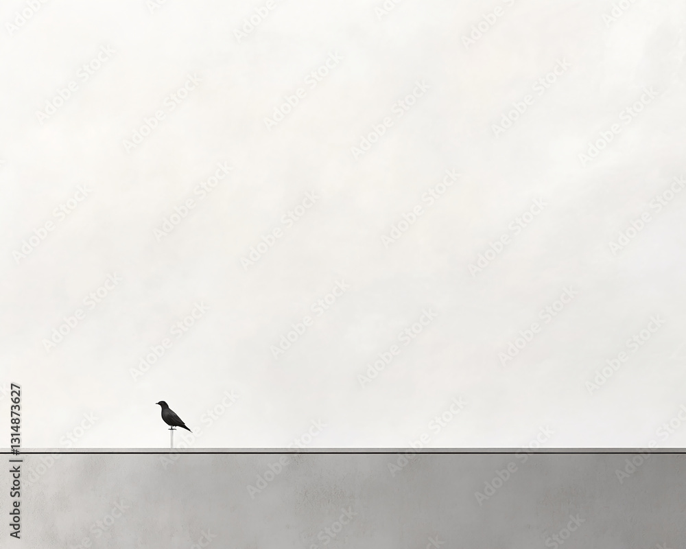 Poster minimalist image of a single bird perched on a grey wall against a bright white sky, showcasing simp
