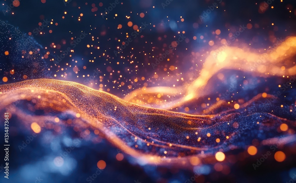 Poster spectacular abstract background of glowing particles and waves in a dark space with sparkling lights