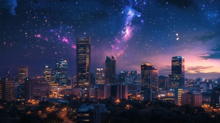 Fototapeta premium Night Cityscape Under a Starry Sky