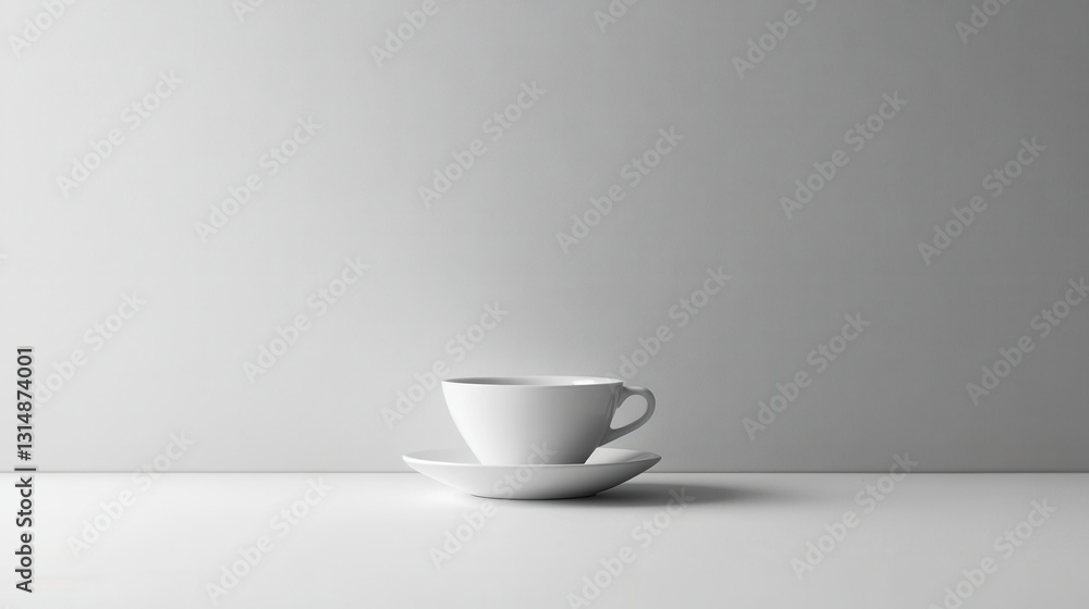 Poster minimalist white teacup and saucer on a white surface against a soft grey background in a simple stu