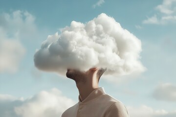 Man stands outdoors with a cloud hovering over his head, creating a surreal and thoughtful atmosphere