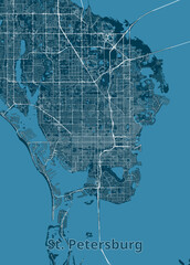 The image showcases a detailed street map of St. Petersburg, Florida. The map is rendered in a minimalist style with a blue background and white lines representing roads and waterways.