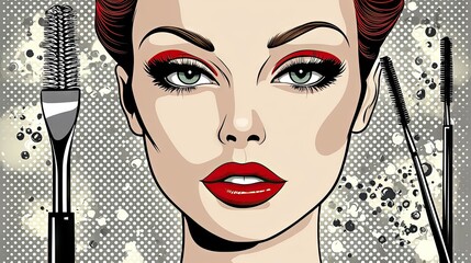 Red lipstick makeup, woman face, beauty tools, pop art background, cosmetic tutorial