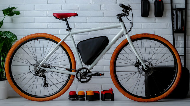 A modern bicycle with orange tires and red seat indoors