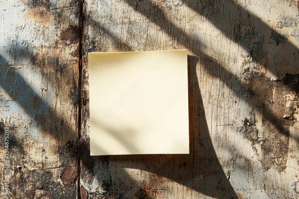 Poster square of pale yellow paper on rustic wooden surface with dappled sunlight creating a tranquil and i