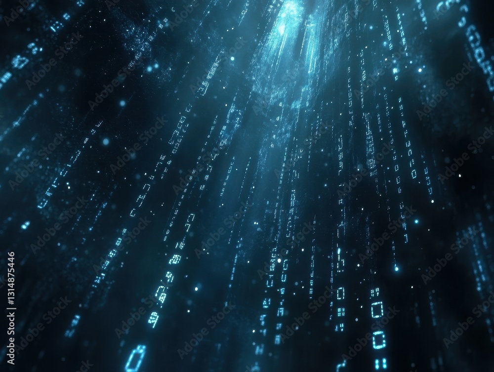 Poster stunning abstract digital background with glowing blue binary code streams and light rays for techno