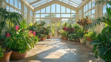 Sunlit Conservatory: A Haven of Lush Tropical Plants