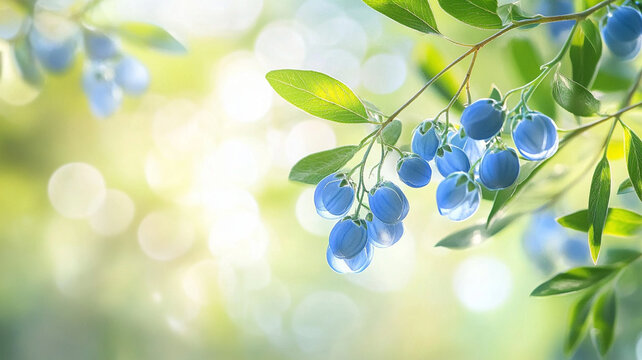 Fresh blue berries hanging on green branches in soft light