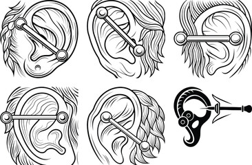 Obraz premium Industrial Piercing Guide: Black and White Line Art Illustration of Ear Piercings, Body Jewelry, and Fashion Accessories Designs