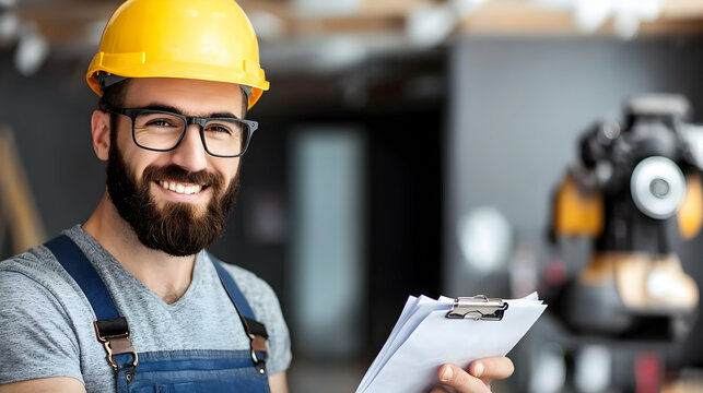Smiling construction worker holding paperwork and wearing protective gear