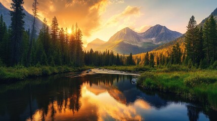 Obraz premium Majestic Sunset over Mountain Lake Reflection