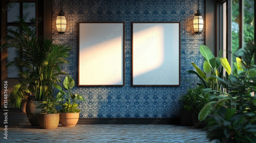 Poster serene interior with two blank frames on a patterned wall surrounded by lush plants and gentle light