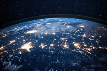 Obraz premium Stunning Aerial View of Earth at Night Illuminated by City Lights and Stars Against Dark Cosmic Background