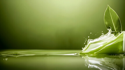 A vibrant green liquid splashing with a delicate leaf in it