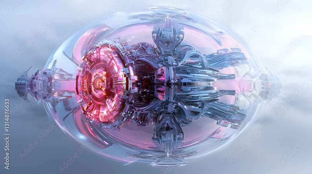 Poster complex pink and blue crystal orb with an intricate glowing core and mechanical details floating in 