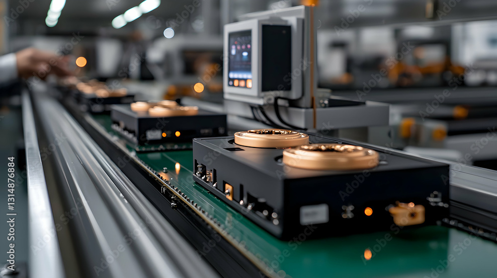 Poster modern industrial production line with electronics and automated machinery