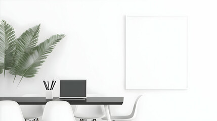 Modern Minimalist Workspace with White Walls and Indoor Plants