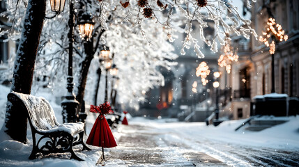 A snow covered street scene illuminated by street lamps at dusk