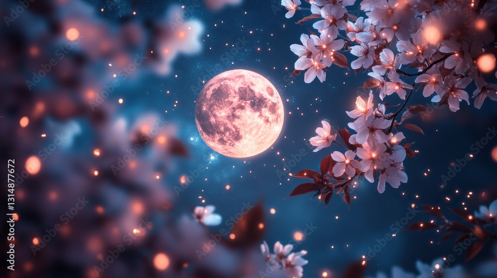 Poster delicate cherry blossoms adorn the branches as a luminous moon bathes the tranquil garden in soft li