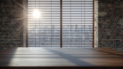 Empty Wooden Table By Window With City View At Sunrise In Modern Loft Style Office Space With Brick Wall And Blinds
