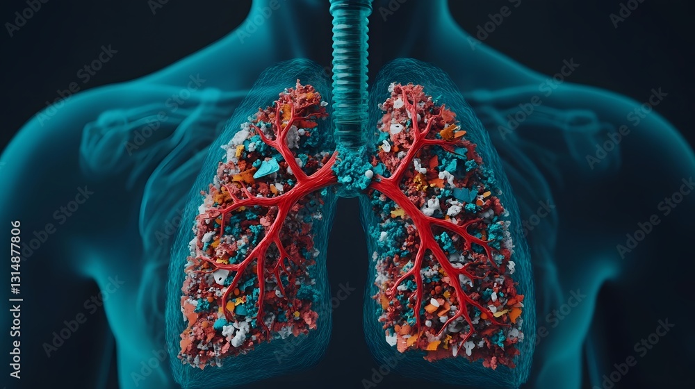 Aufkleber macro microscopic view of human lung filled with tiny microplastic particles in detailed 3d digital