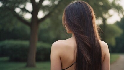 Detailed Close-Up of Long, Silky Straight Hair Highlighting Its Natural Luster and Smooth Texture in a Studio Setting